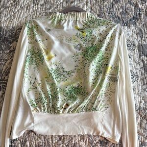 Ted Baker Cream and Green Graphic Blouse with Mandarin Collar